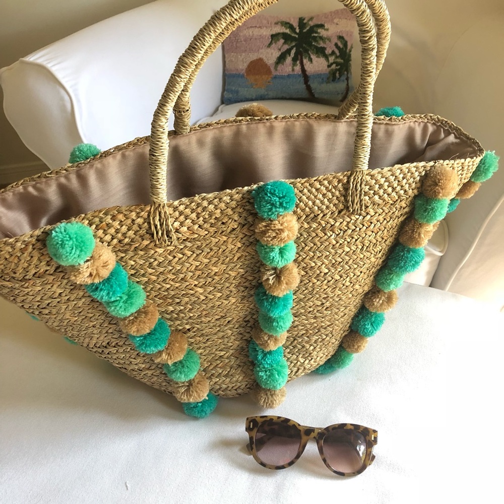 ANTHROPOLOGIE Pom Pom Straw Tote